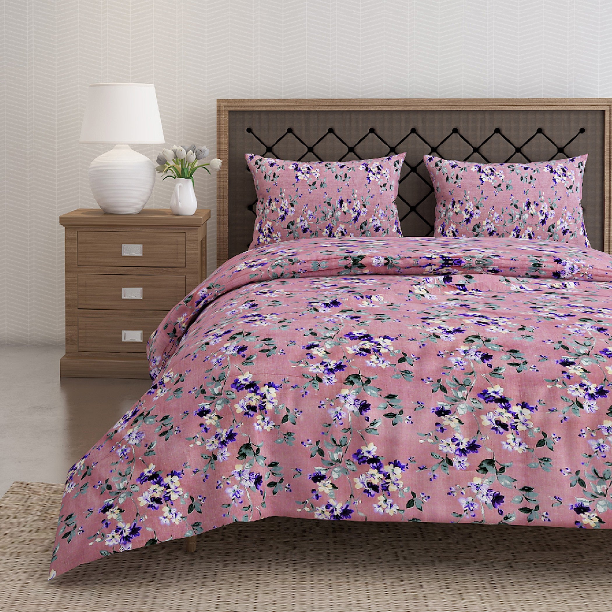 Lavender Bloom Pink & Purple Floral 160 TC Pure Cotton Bedsheet with Pillow Cover