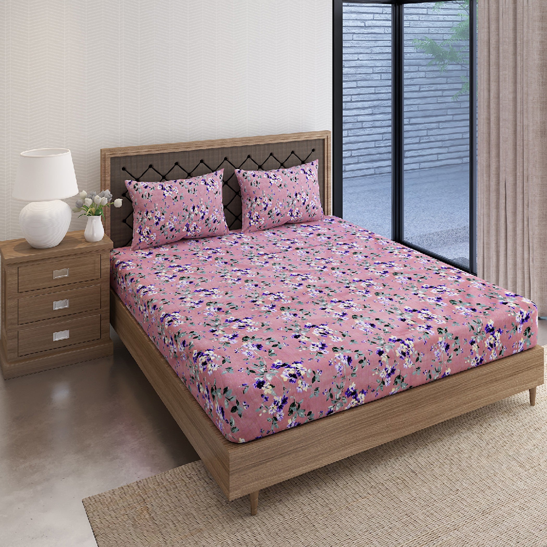 Lavender Bloom Pink & Purple Floral 160 TC Pure Cotton Bedsheet with Pillow Cover