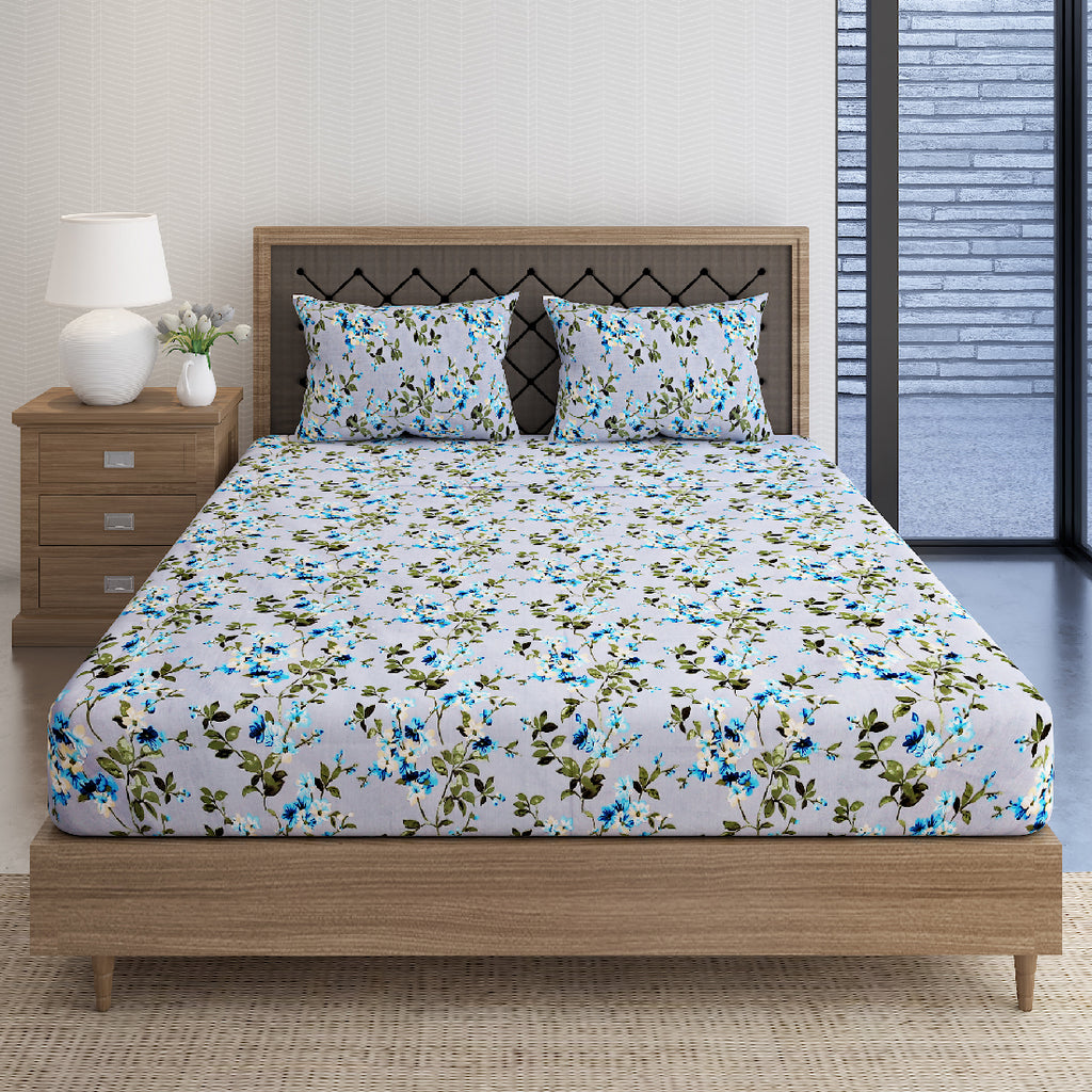 Azure Blossom Grey & Blue Floral 160 TC Pure Cotton Fitted Bedsheet with Pillow Cover
