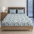 Azure Blossom Grey & Blue Floral 160 TC Pure Cotton Fitted Bedsheet with Pillow Cover