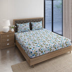 Azure Blossom Grey & Blue Floral 160 TC Pure Cotton Fitted Bedsheet with Pillow Cover
