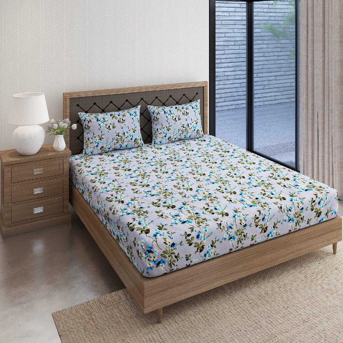 Azure Blossom Grey & Blue Floral 160 TC Pure Cotton Fitted Bedsheet with Pillow Cover