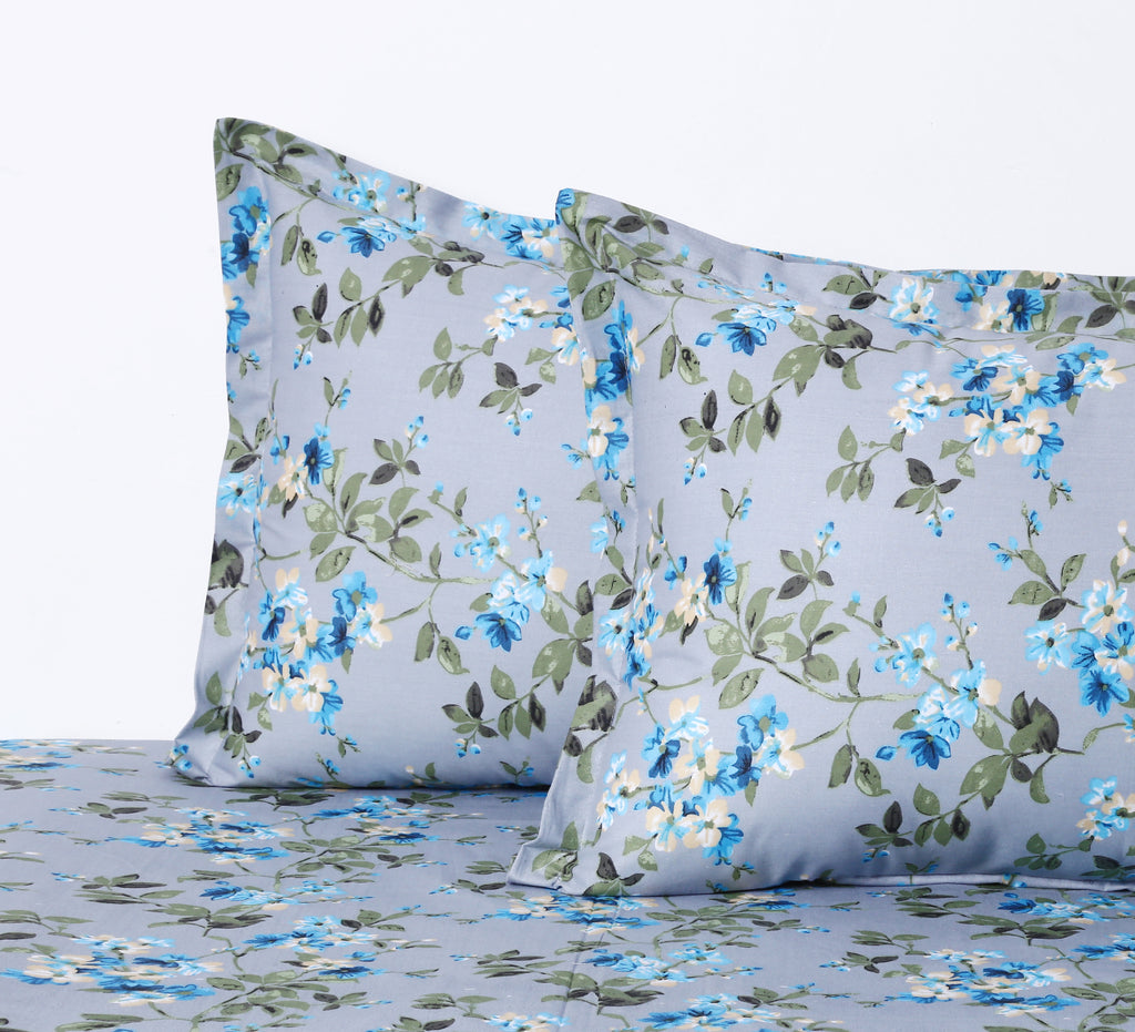 Azure Blossom Grey & Blue Floral 160 TC Pure Cotton Fitted Bedsheet with Pillow Cover