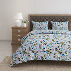 Azure Blossom Grey & Blue Floral 160 TC Pure Cotton Fitted Bedsheet with Pillow Cover
