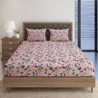 Blushing Garden Beige & Pink Floral 160 TC Pure Cotton Bedsheet with Pillow Cover