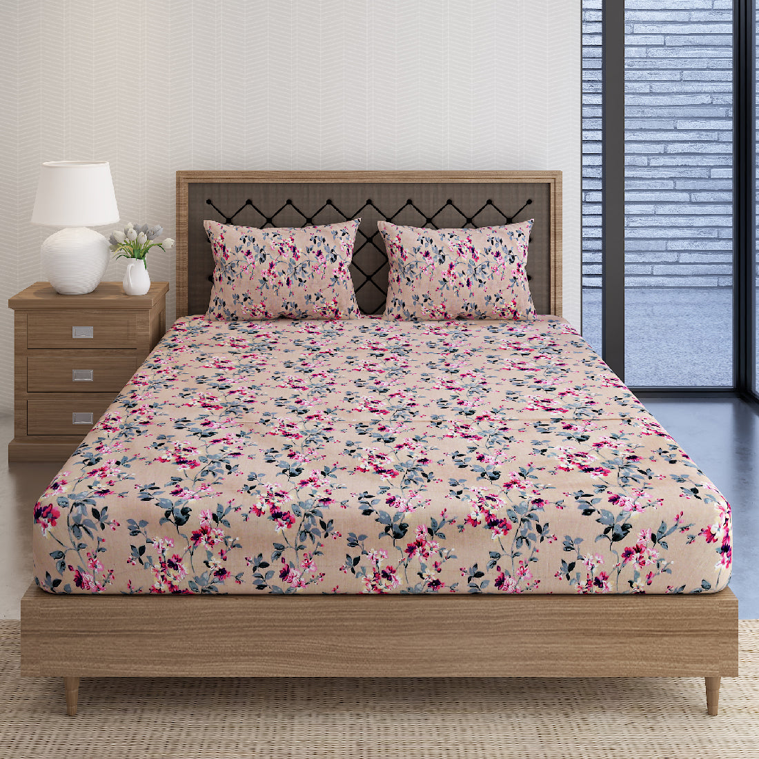 Blushing Garden Beige & Pink Floral 160 TC Pure Cotton Bedsheet with Pillow Cover