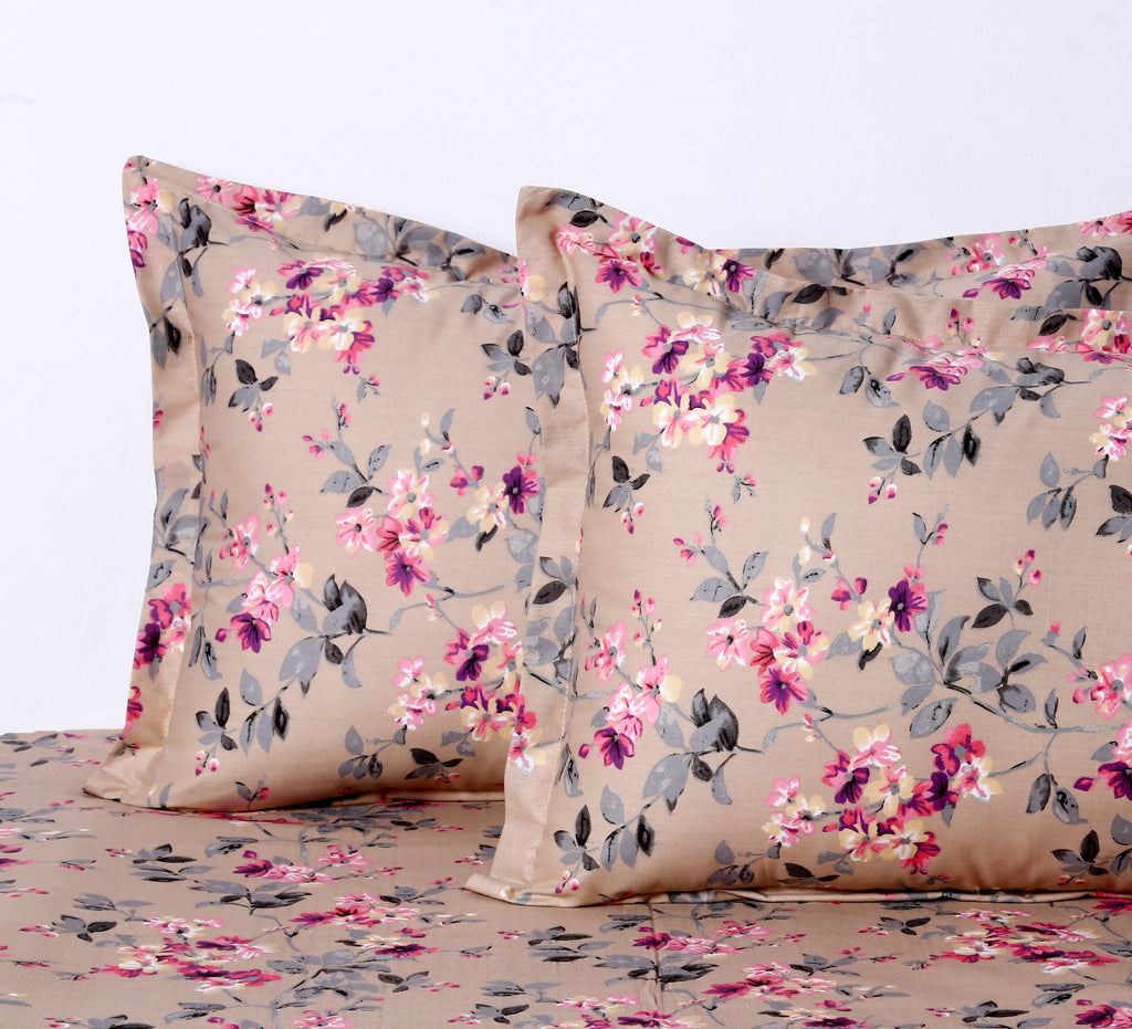 Blushing Garden Beige & Pink Floral 160 TC Pure Cotton Bedsheet with Pillow Cover