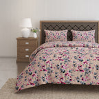 Blushing Garden Beige & Pink Floral 160 TC Pure Cotton Bedsheet with Pillow Cover