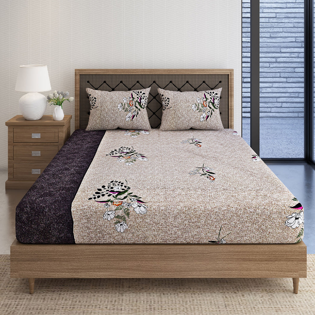 Mocha Blossom Beige & Brown Floral 160 TC Pure Cotton Bedsheet with Pillow Cover