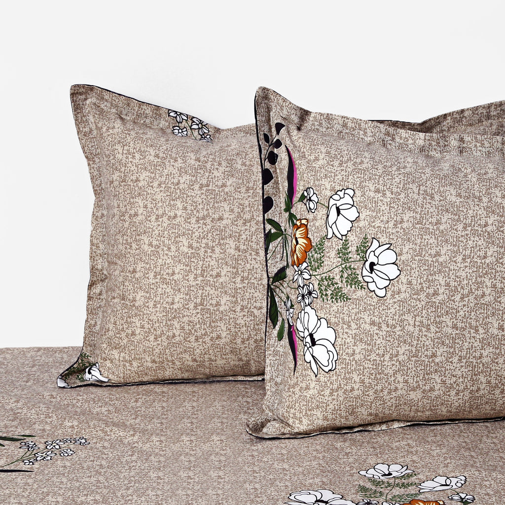Mocha Blossom Beige & Brown Floral 160 TC Pure Cotton Bedsheet with Pillow Cover