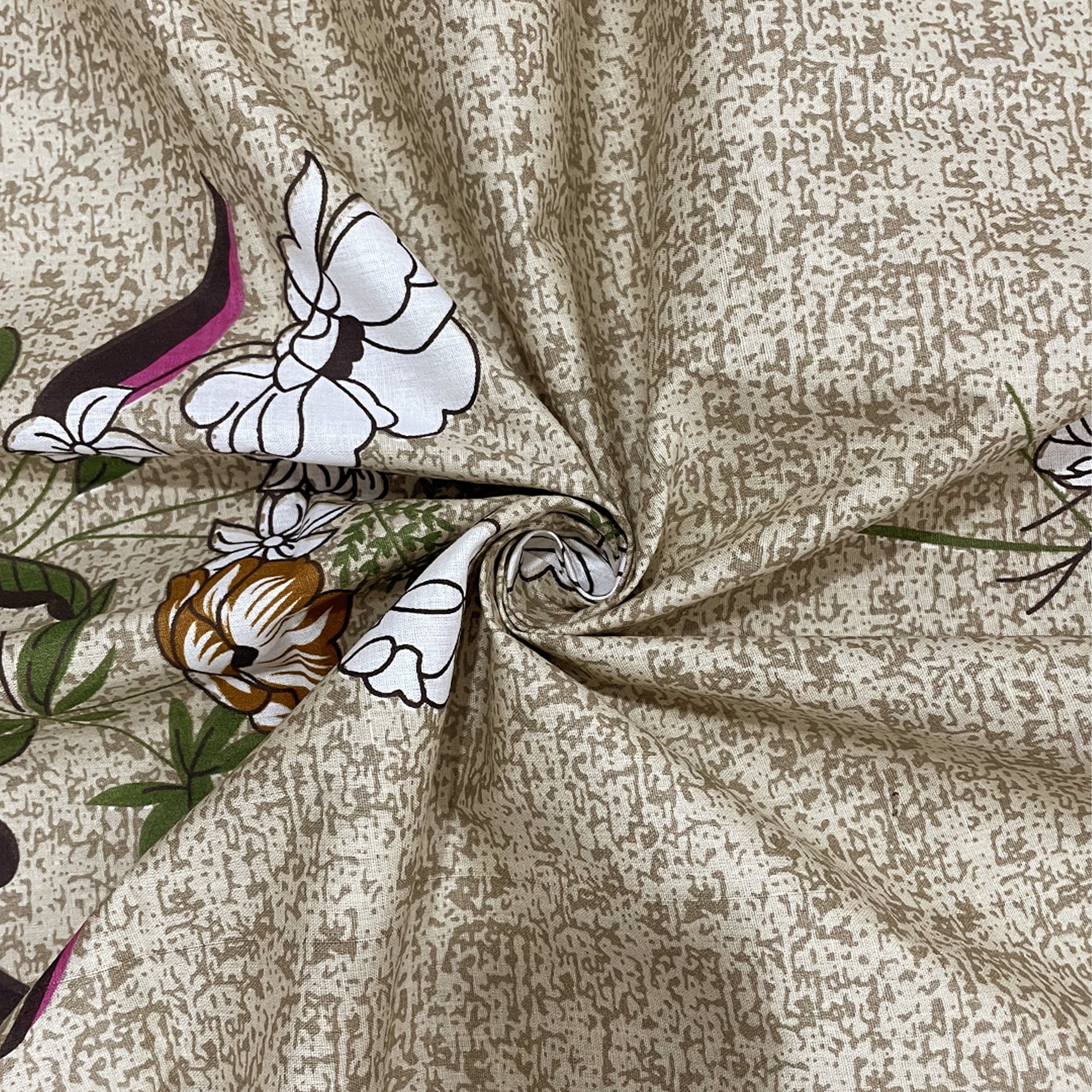Mocha Blossom Beige & Brown Floral 160 TC Pure Cotton Bedsheet with Pillow Cover