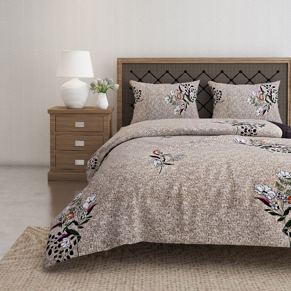 Mocha Blossom Beige & Brown Floral 160 TC Pure Cotton Bedsheet with Pillow Cover