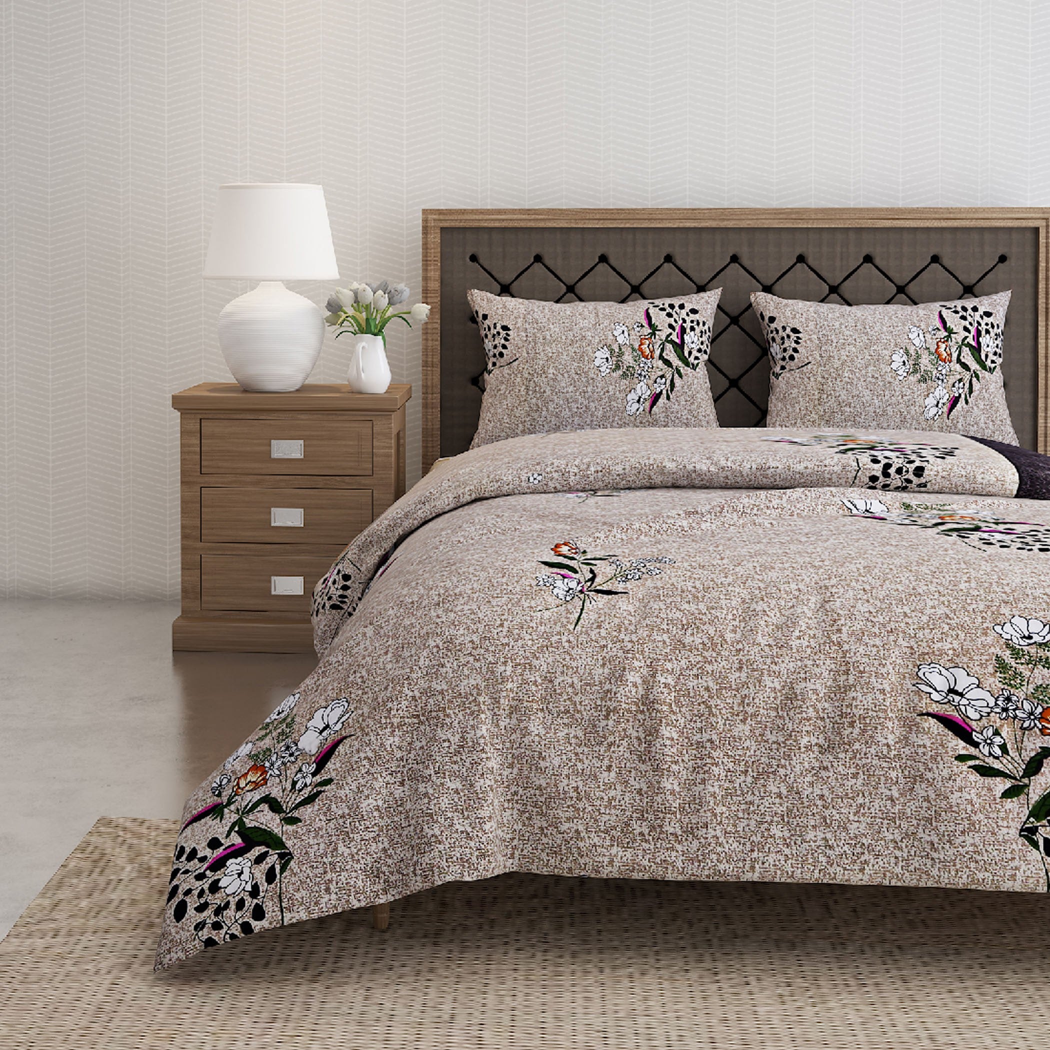 Mocha Blossom Beige & Brown Floral 160 TC Pure Cotton Bedsheet with Pillow Cover