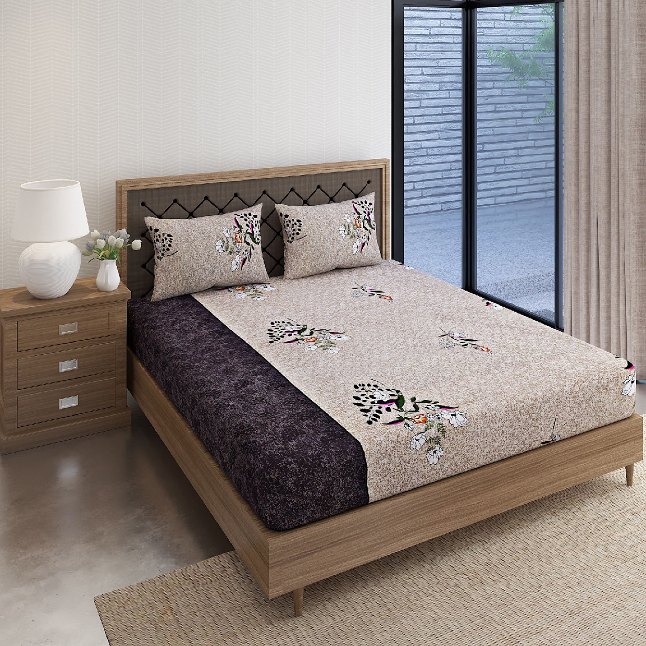Mocha Blossom Beige & Brown Floral 160 TC Pure Cotton Bedsheet with Pillow Cover