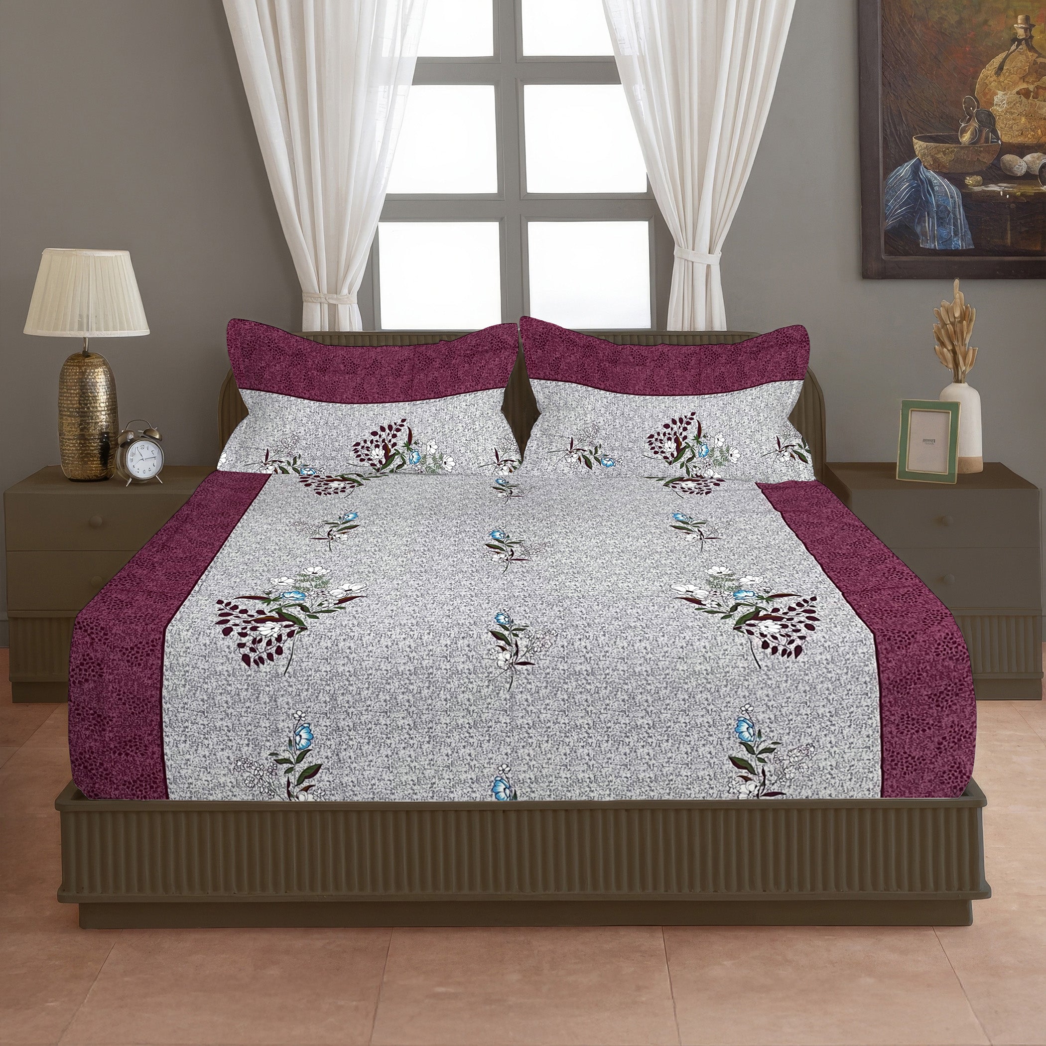 Burgundy Bloom Grey & Maroon Floral 160 TC Pure Cotton Bedsheet with Pillow Cover