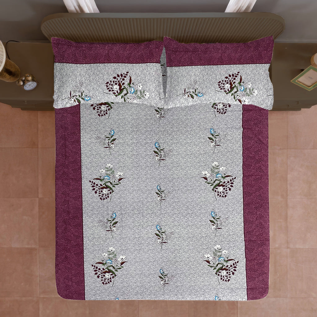 Burgundy Bloom Grey & Maroon Floral 160 TC Pure Cotton Bedsheet with Pillow Cover