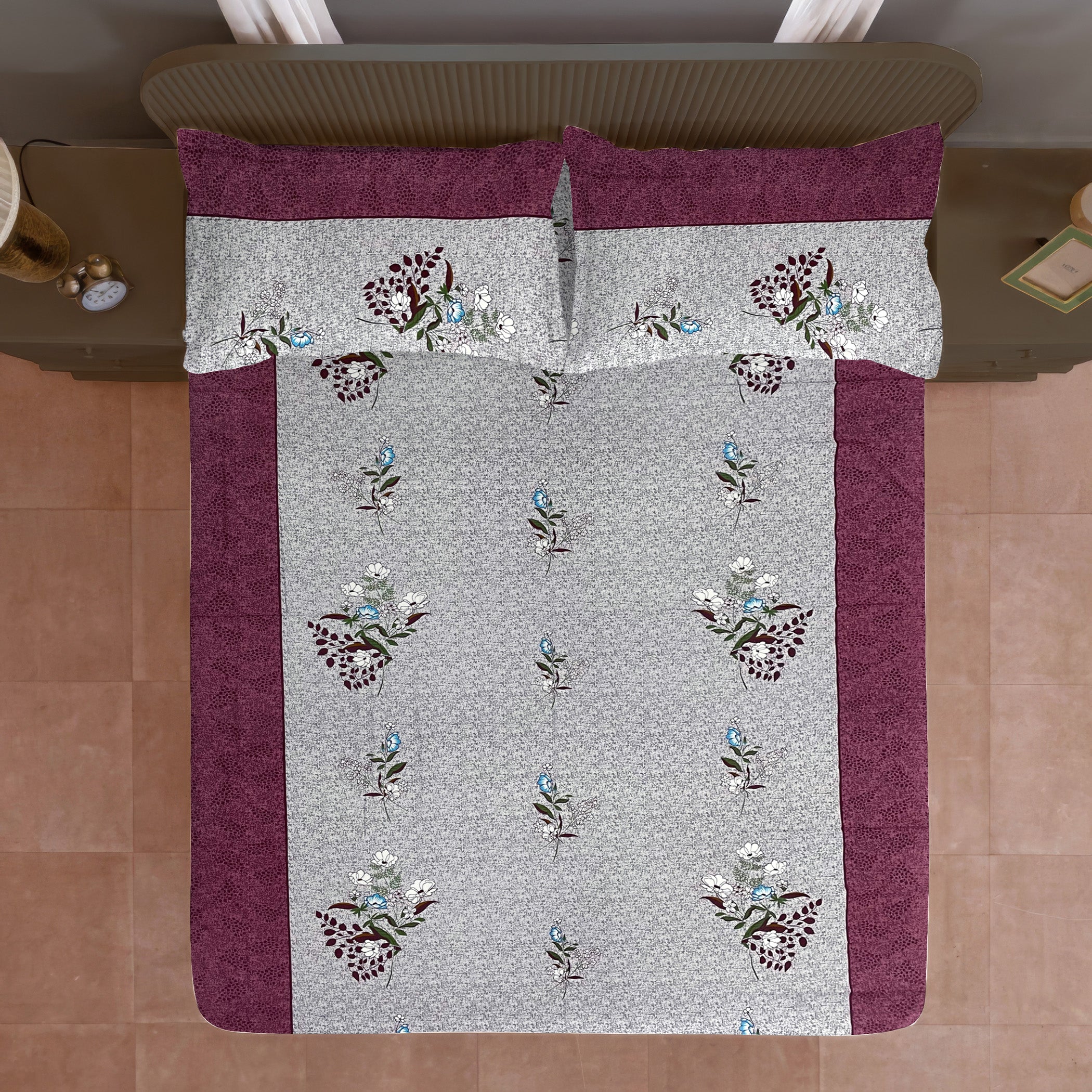 Burgundy Bloom Grey & Maroon Floral 160 TC Pure Cotton Bedsheet with Pillow Cover