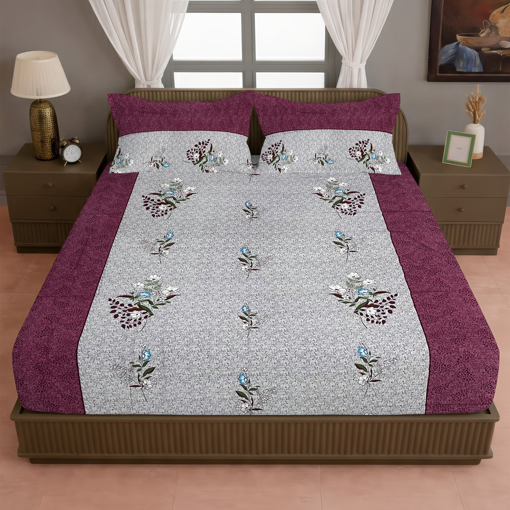 Burgundy Bloom Grey & Maroon Floral 160 TC Pure Cotton Bedsheet with Pillow Cover