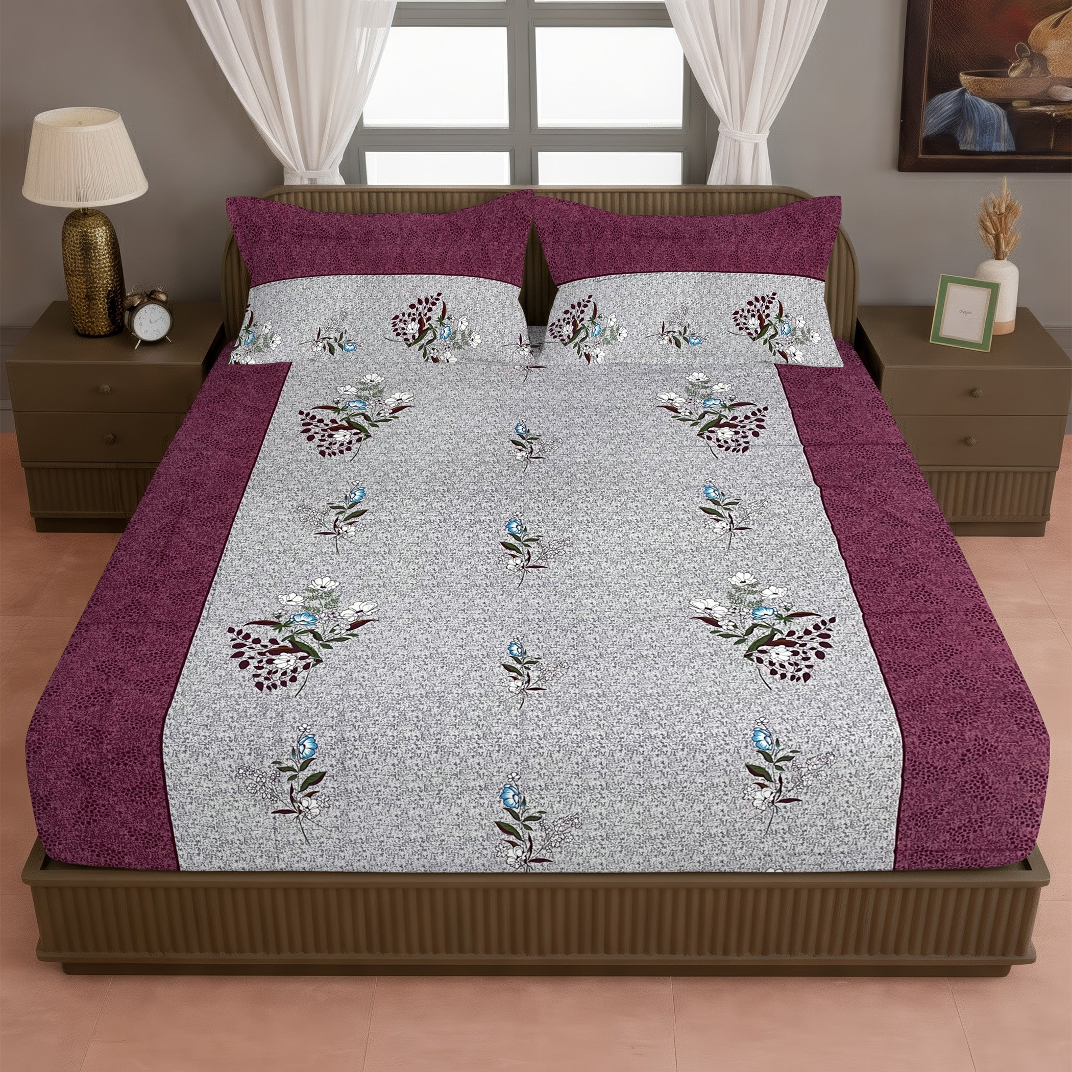 Burgundy Bloom Grey & Maroon Floral 160 TC Pure Cotton Bedsheet with Pillow Cover