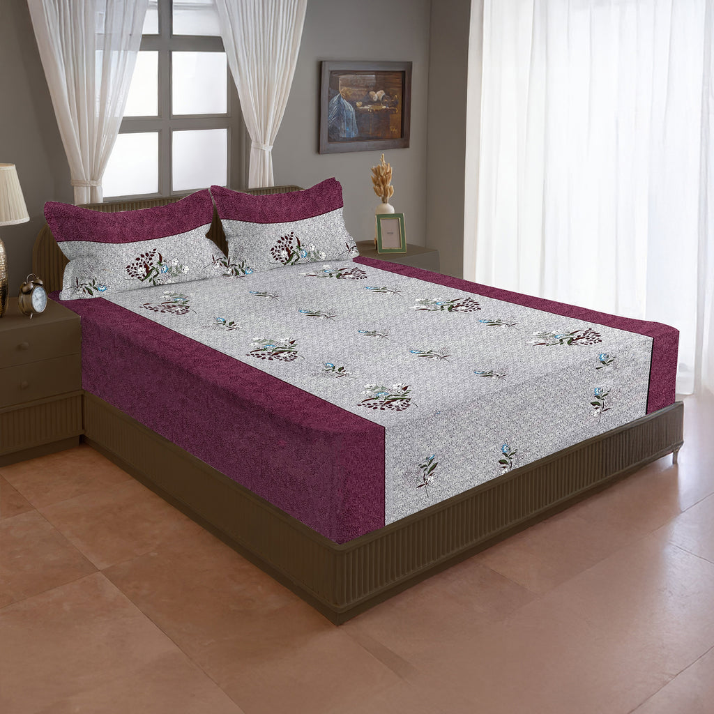 Burgundy Bloom Grey & Maroon Floral 160 TC Pure Cotton Bedsheet with Pillow Cover