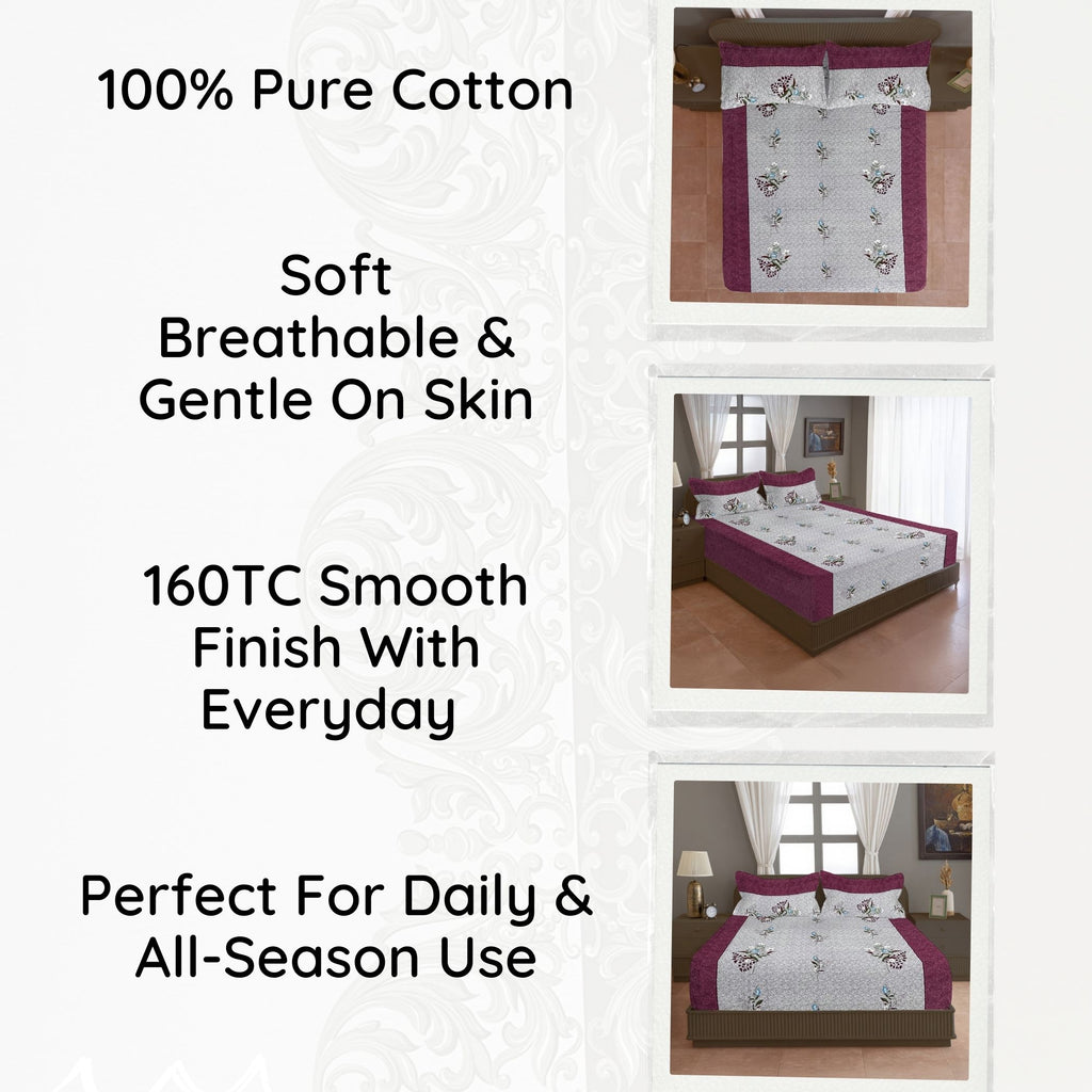 Burgundy Bloom Grey & Maroon Floral 160 TC Pure Cotton Bedsheet with Pillow Cover