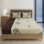 Ivory Botanical Mosaic 144 TC Pure Cotton Bedsheet Set with Pillow Cover