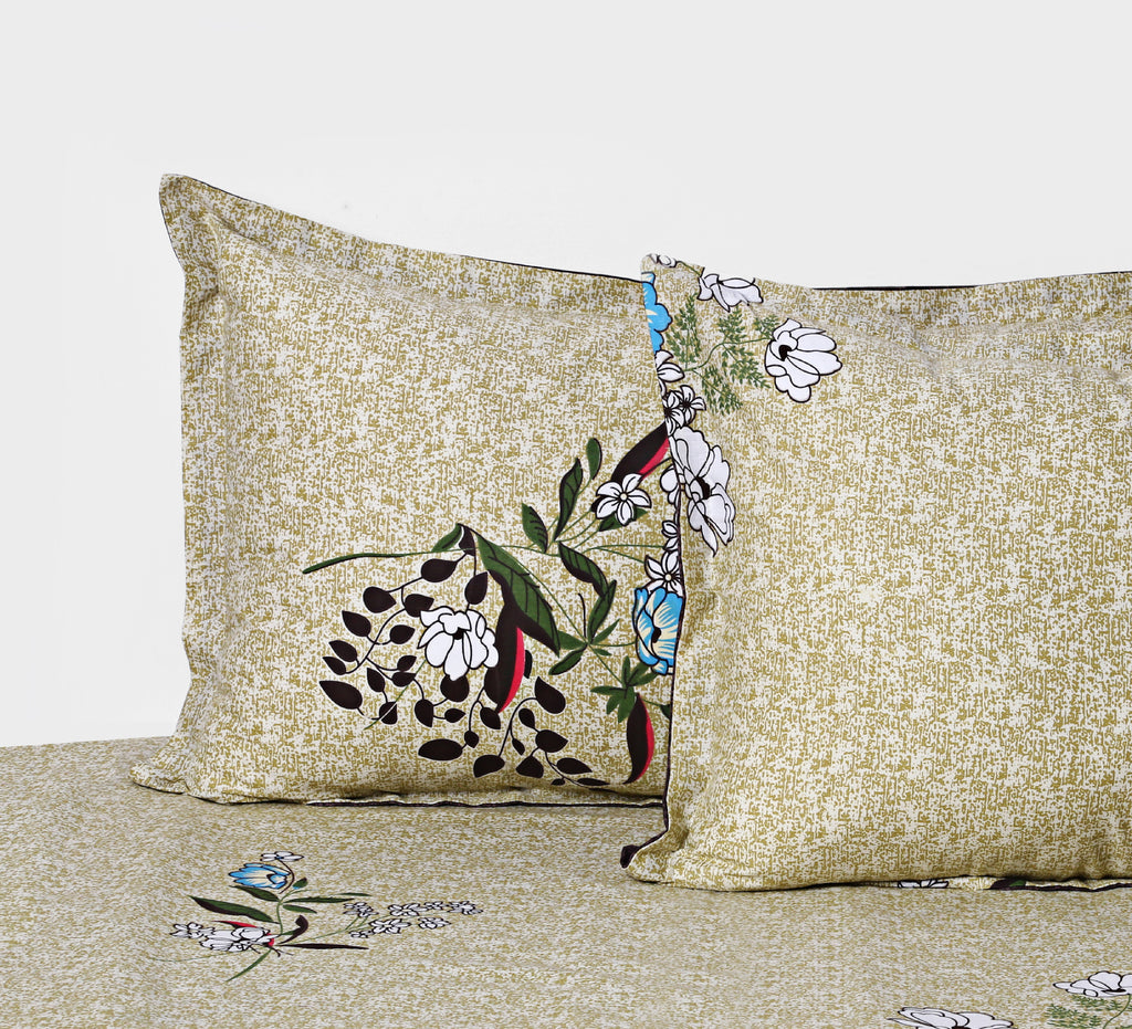 Ivory Botanical Mosaic 144 TC Pure Cotton Bedsheet Set with Pillow Cover