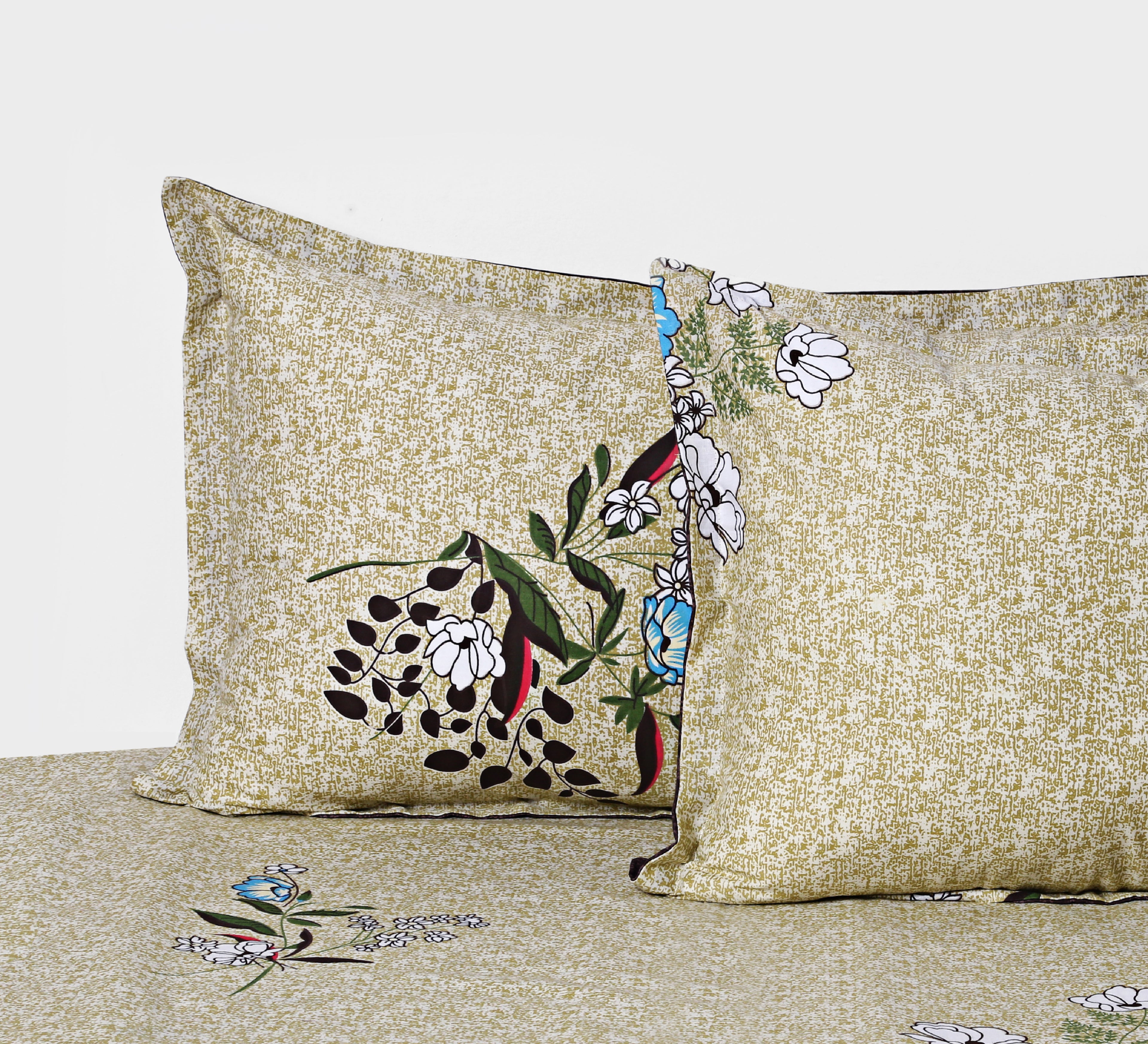 Ivory Botanical Mosaic 144 TC Pure Cotton Bedsheet Set with Pillow Cover