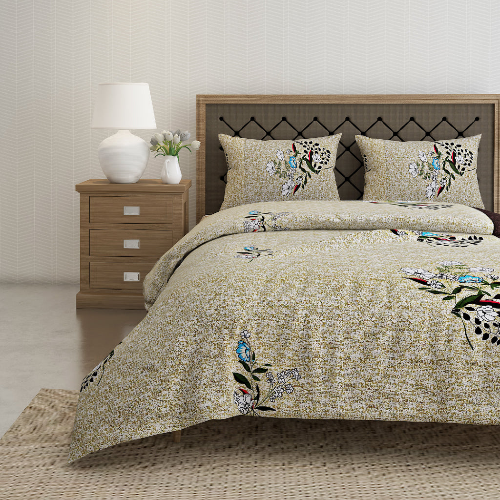 Ivory Botanical Mosaic 144 TC Pure Cotton Bedsheet Set with Pillow Cover
