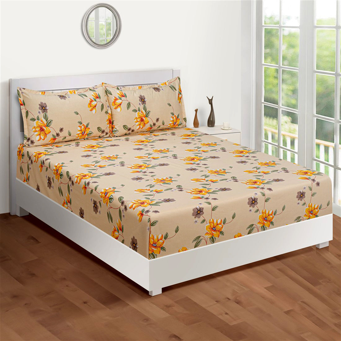 Golden Blossom Vine 144 TC Pure Cotton Bedsheet Set with Pillow Cover