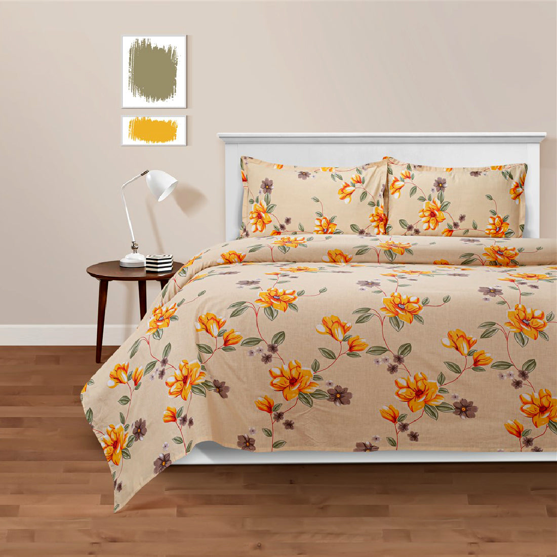 Golden Blossom Vine 144 TC Pure Cotton Bedsheet Set with Pillow Cover
