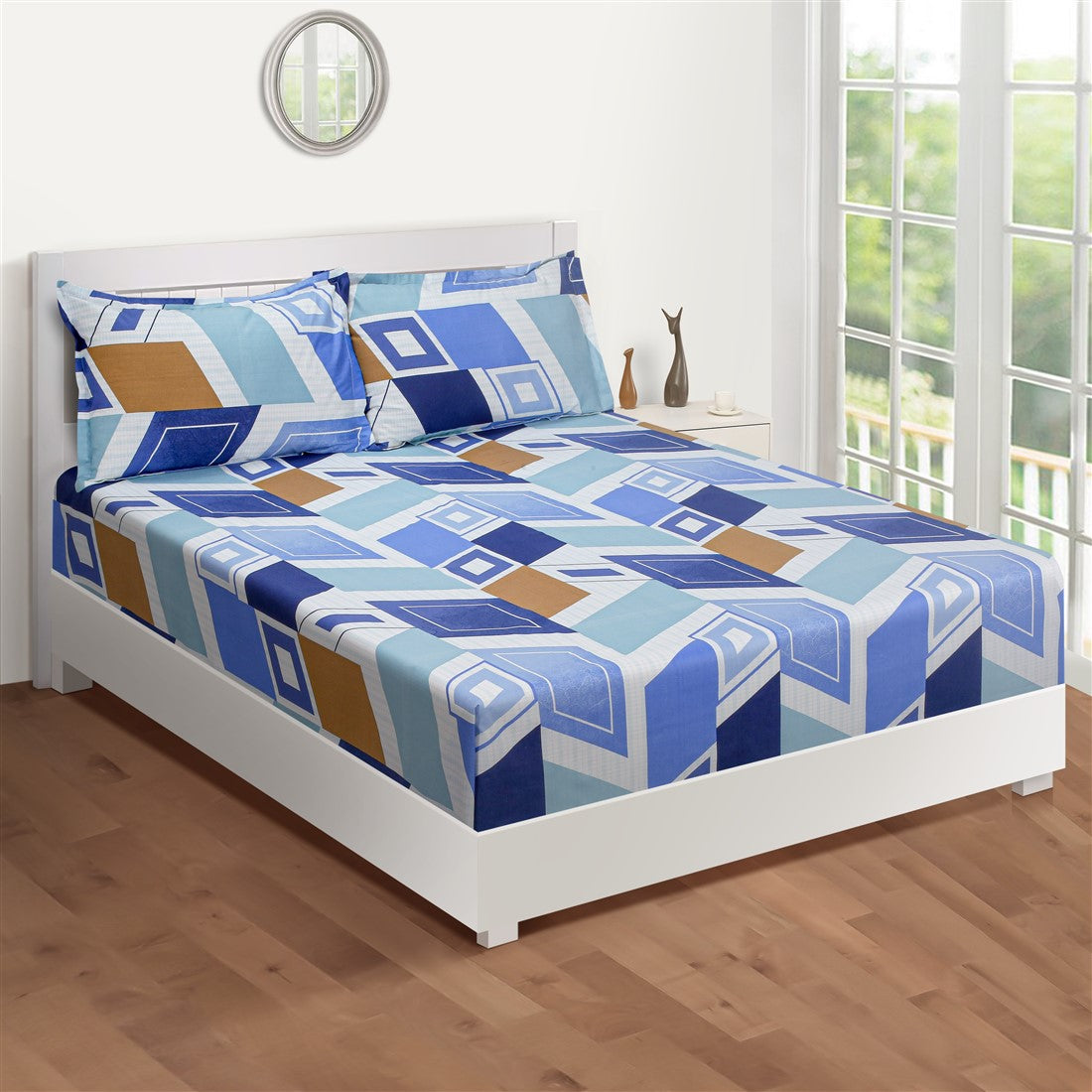 Azure Geometric Harmony 144 TC Pure Cotton Bedsheet Set with Pillow Cover