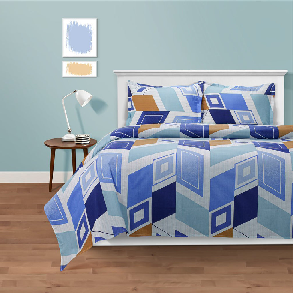 Azure Geometric Harmony 144 TC Pure Cotton Bedsheet Set with Pillow Cover