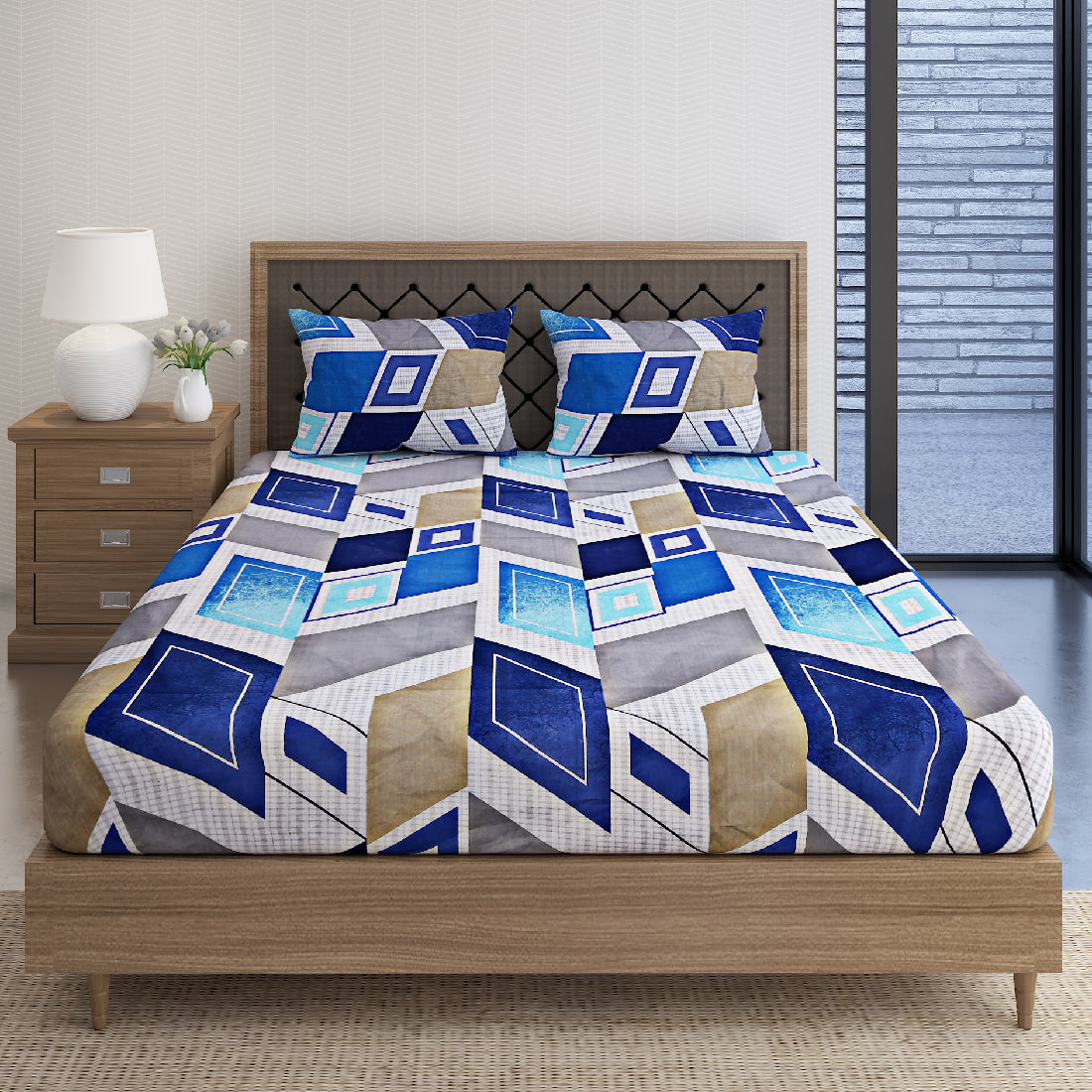 Cobalt Geometric Mosaic 144 TC Pure Cotton Bedsheet Set with Pillow Cover
