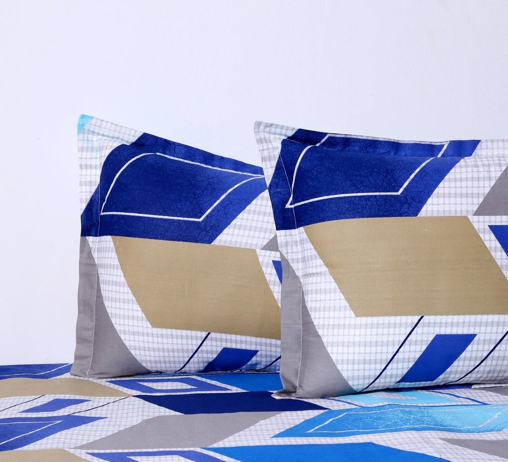 Cobalt Geometric Mosaic 144 TC Pure Cotton Bedsheet Set with Pillow Cover