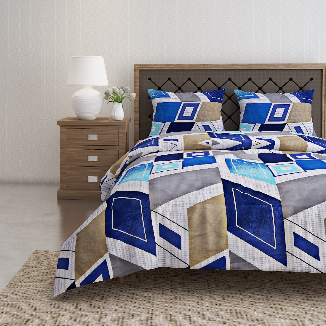 Cobalt Geometric Mosaic 144 TC Pure Cotton Bedsheet Set with Pillow Cover