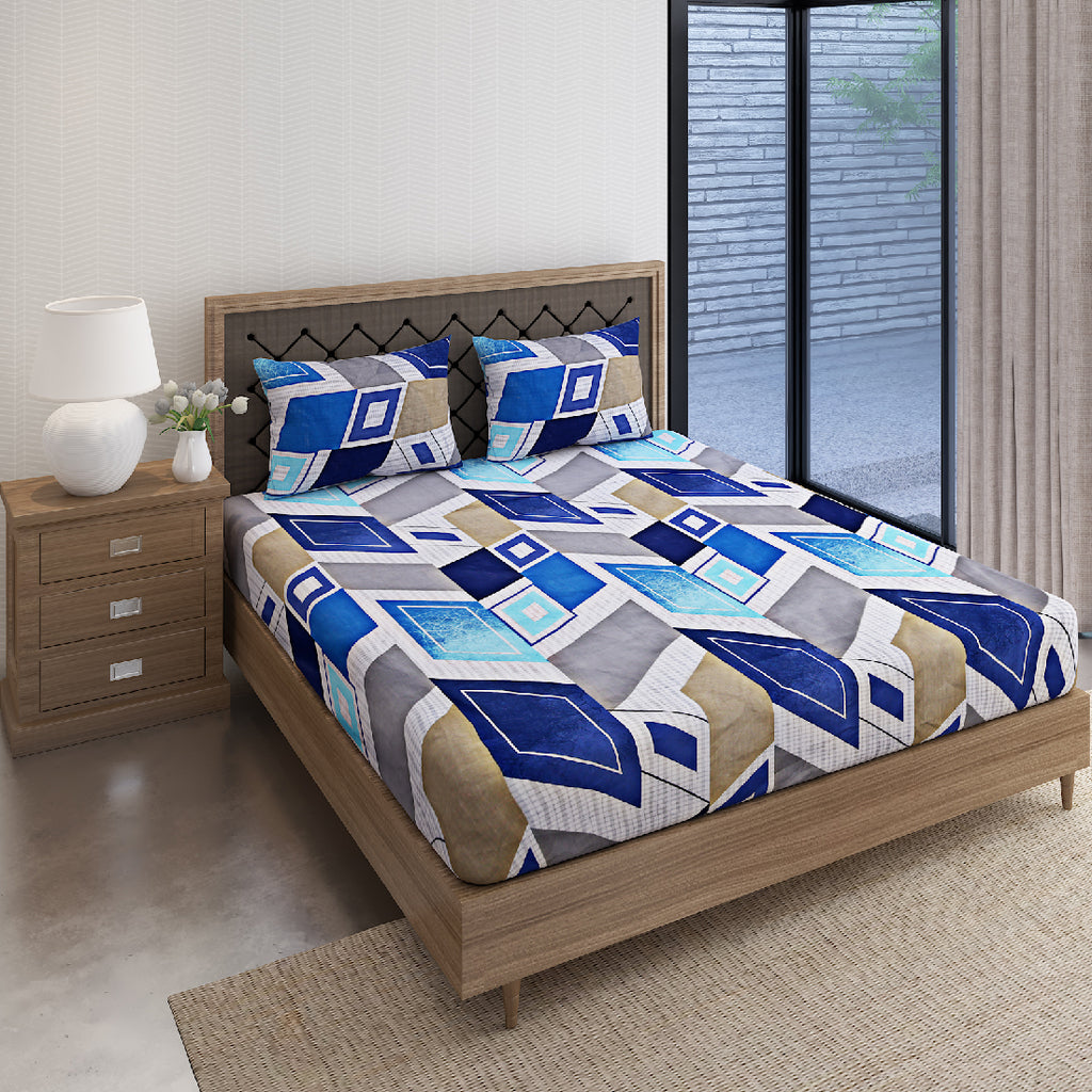 Cobalt Geometric Mosaic 144 TC Pure Cotton Bedsheet Set with Pillow Cover