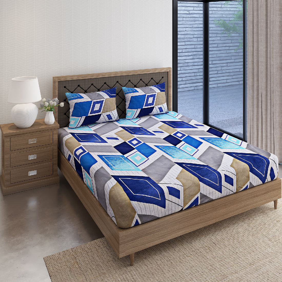 Cobalt Geometric Mosaic 144 TC Pure Cotton Bedsheet Set with Pillow Cover