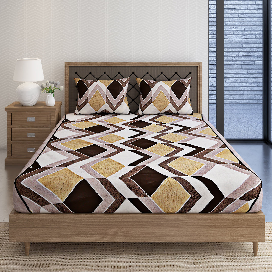 Mocha Diamond Chevron 144 TC Pure Cotton Bedsheet Set with Pillow Cover