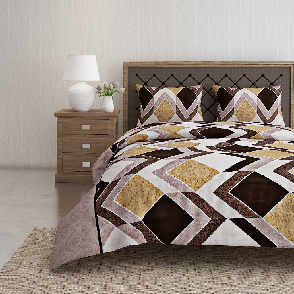 Mocha Diamond Chevron 144 TC Pure Cotton Bedsheet Set with Pillow Cover
