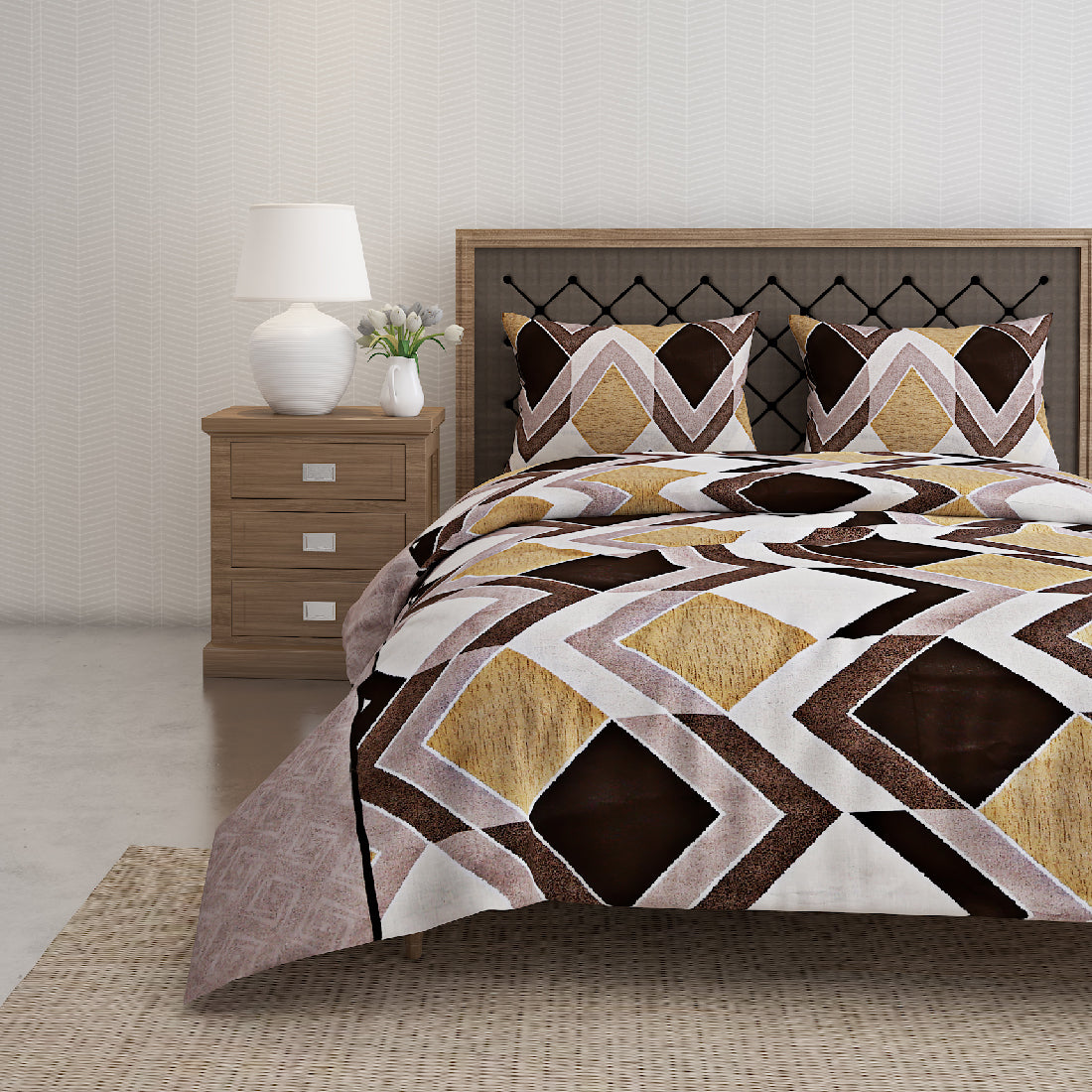 Mocha Diamond Chevron 144 TC Pure Cotton Bedsheet Set with Pillow Cover