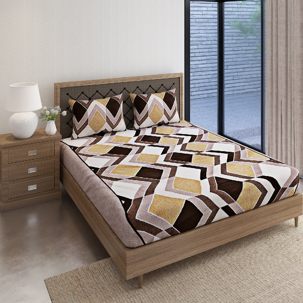 Mocha Diamond Chevron 144 TC Pure Cotton Bedsheet Set with Pillow Cover