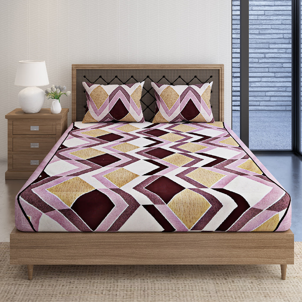 Plum Diamond Chevron 144 TC Pure Cotton Bedsheet Set with Pillow Cover