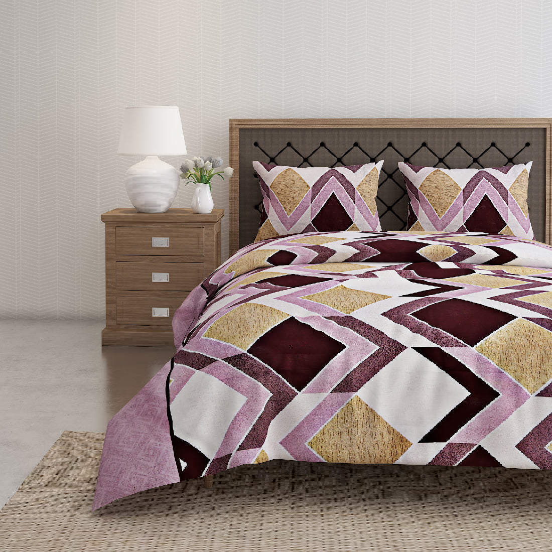 Plum Diamond Chevron 144 TC Pure Cotton Bedsheet Set with Pillow Cover