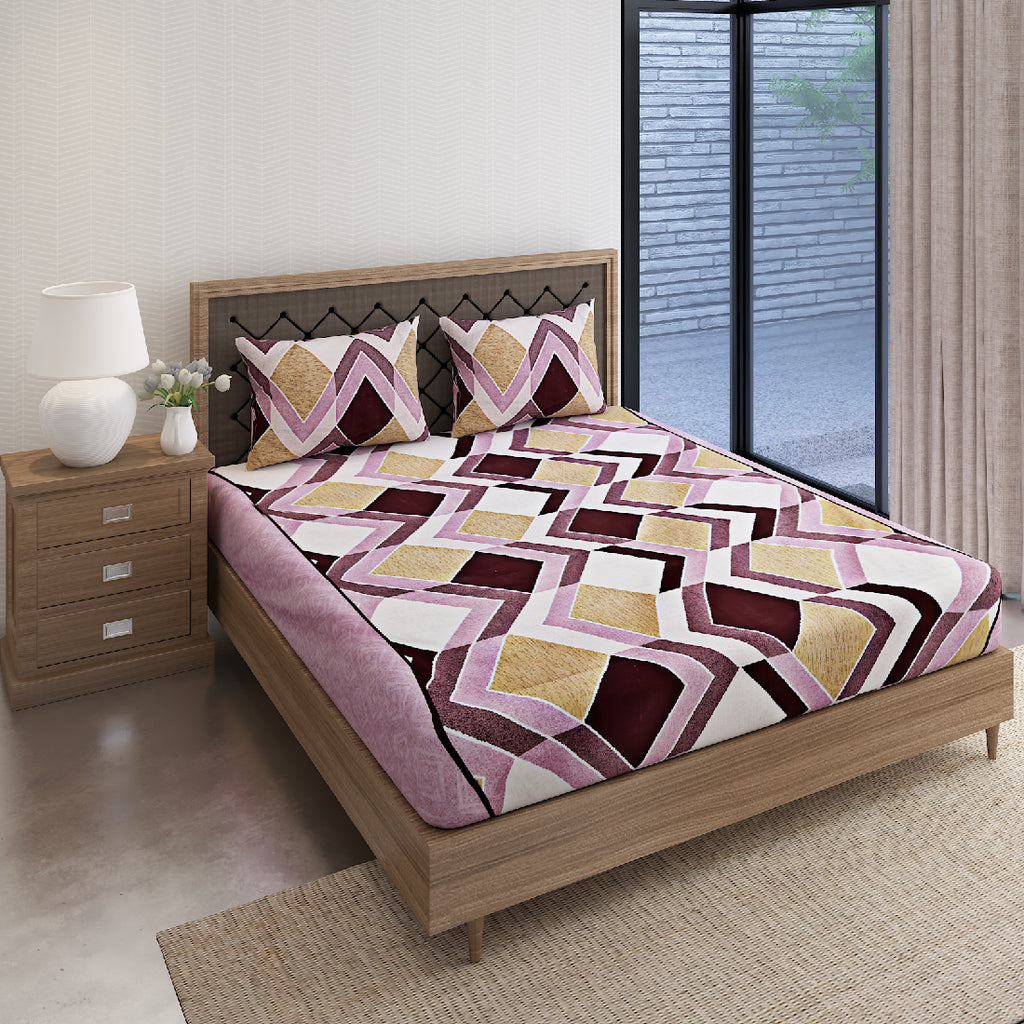 Plum Diamond Chevron 144 TC Pure Cotton Bedsheet Set with Pillow Cover