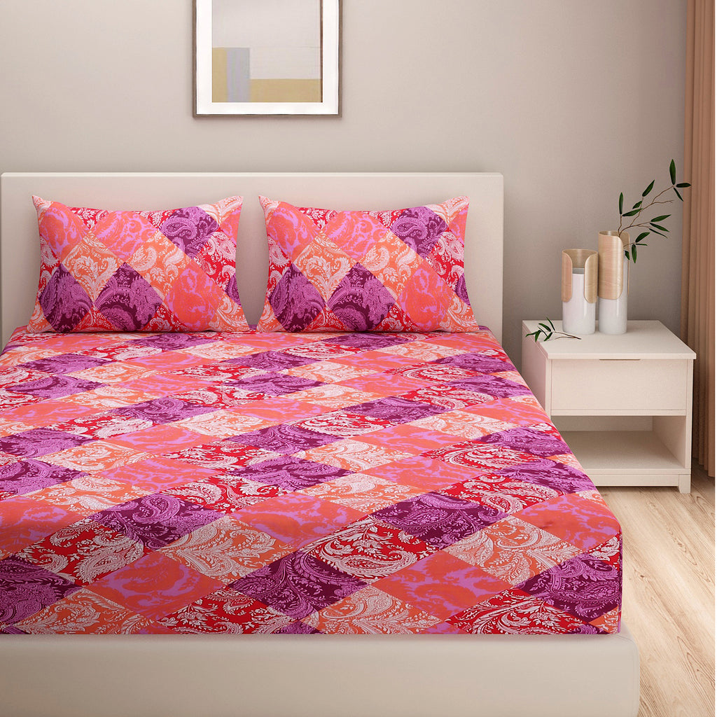Royal Paisley Pink & Purple Patchwork 160 TC Pure Cotton Bedsheet with Pillow Cover