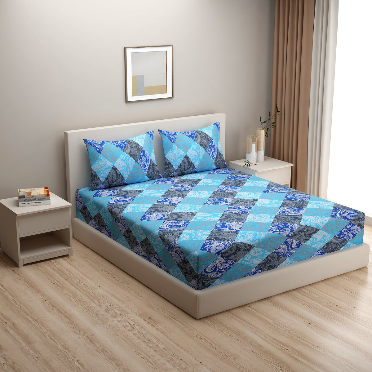 Aqua Royal Paisley Patchwork 144 TC Pure Cotton Bedsheet Set with Pillow Cover