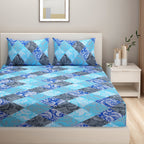 Aqua Royal Paisley Patchwork 144 TC Pure Cotton Bedsheet Set with Pillow Cover