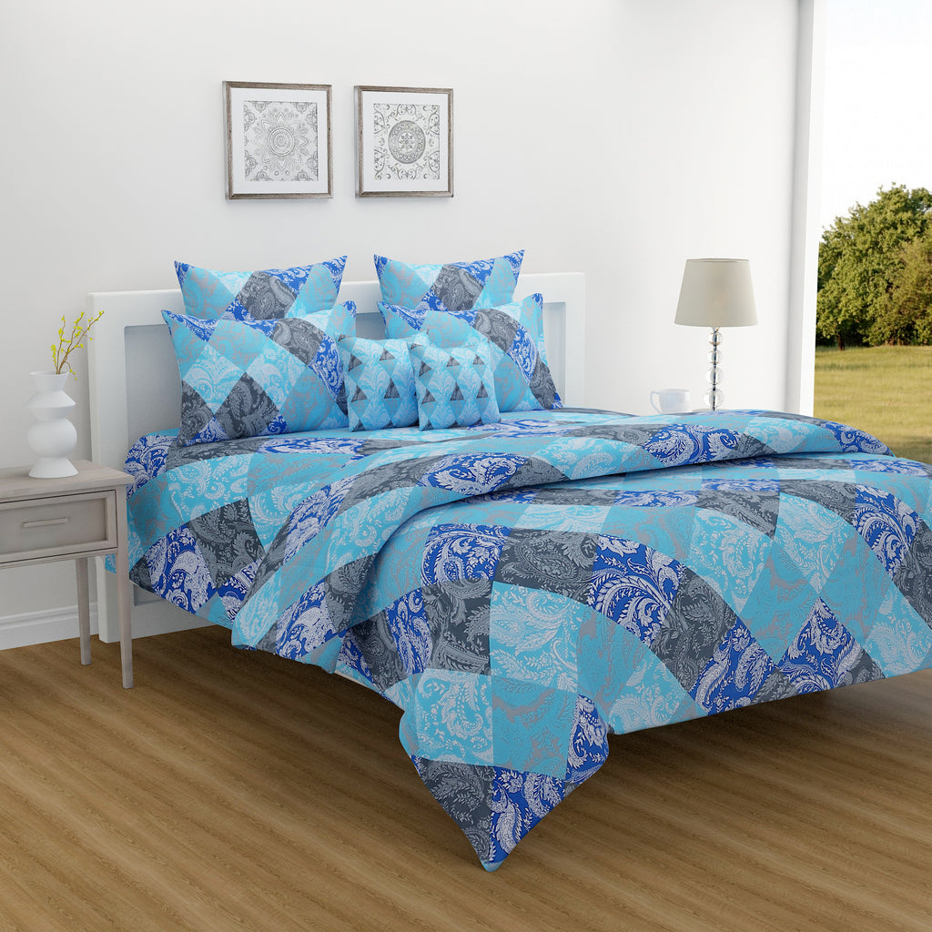 Aqua Royal Paisley Patchwork 144 TC Pure Cotton Bedsheet Set with Pillow Cover