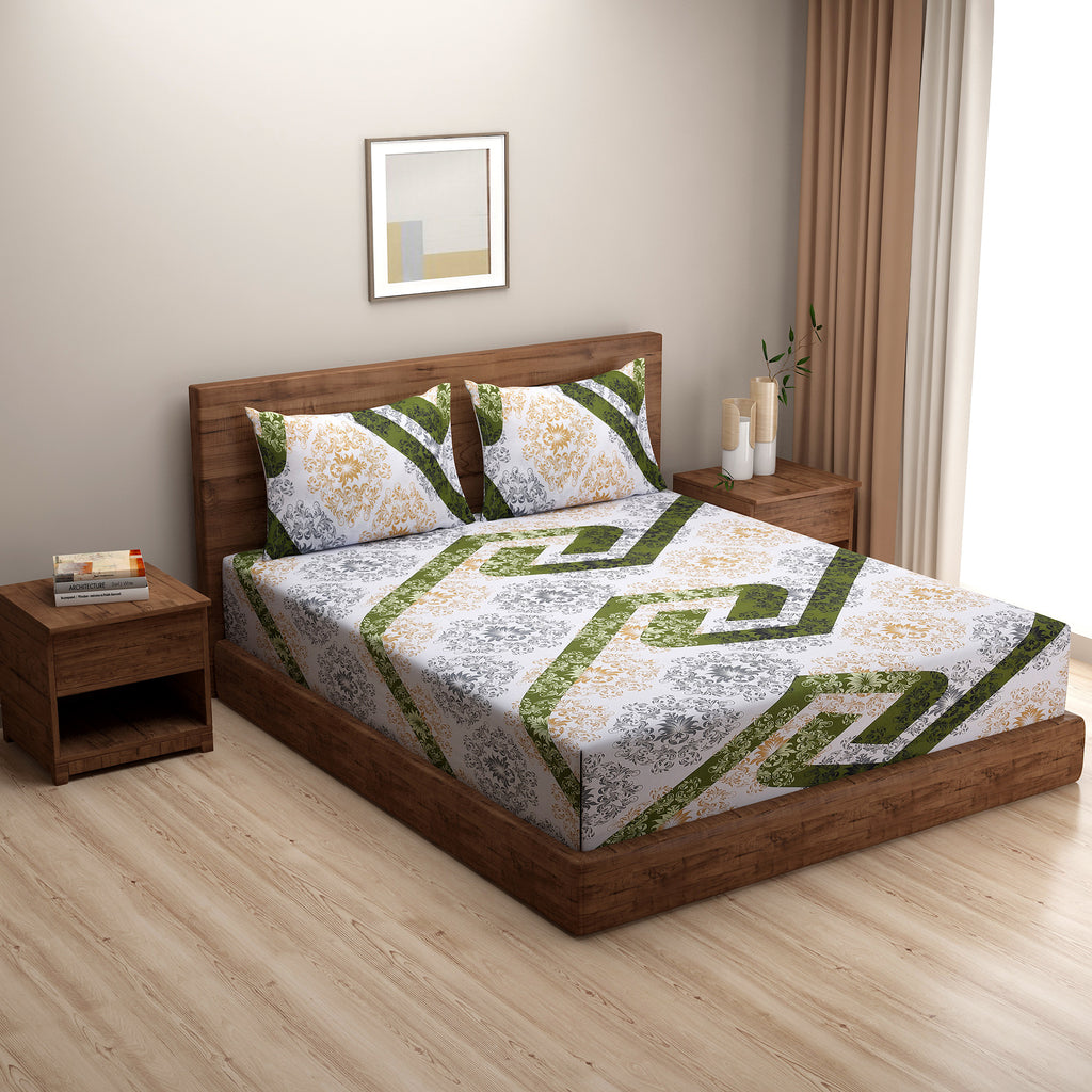 Olive Crest White & Green Damask Geometric 160 TC Pure Cotton Bedsheet with Pillow Cover